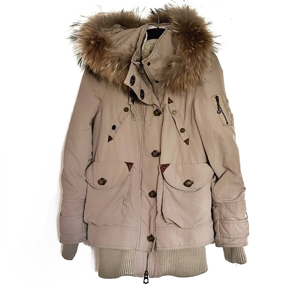 Warm Hooded Beige Winter Jacket with Fur S